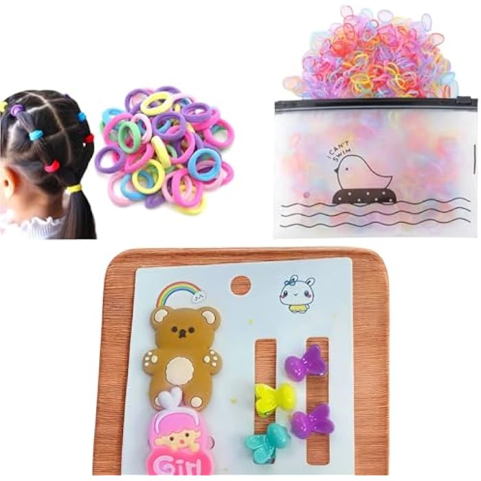 توك شعر رجميلة للبنات الأطفال -100 مطاط + 20 توكة + كارت مكون من (2 توكة Elastic + 4 قفازات صغير) (اللون والشكل عشوائي) - Image 1